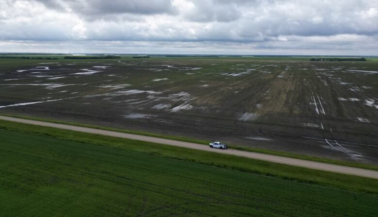 A wet farm field is shown.