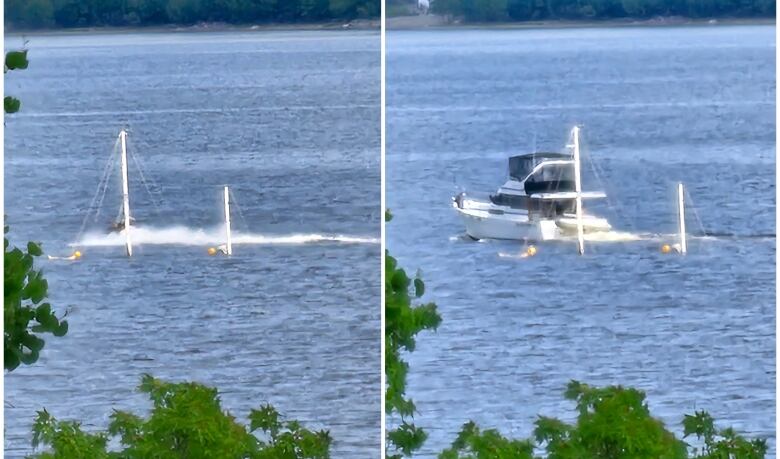 Side by side photos of two vessels passing by the masts of a sunken sailboat. 