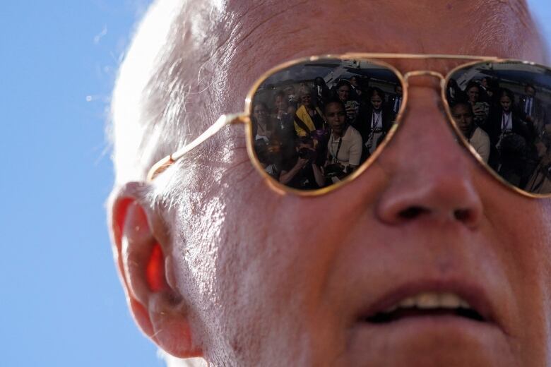 U.S. President Joe Biden speaks with reporters in Madison, Wis., on Friday.