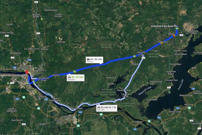 google maps showing the distance between minto jail and fredericton court 