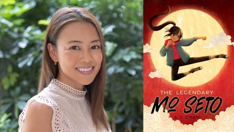 The book cover of The Legendary Mo Seto by A.Y. Chan, showing a girl with long hair jumping in the air doing a martial arts move. The author smiles into the camera.