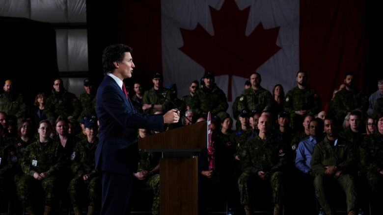 Prime Minister Justin Trudeau speaks during a press conference on Canada's new defence policy at CFB Trenton in Trenton, Ont. on Monday, April 8, 2024.