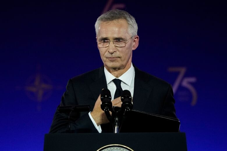 NATO Secretary General Jens Stoltenberg wraps up his remarks during an event commemorating the 75th Anniversary of NATO at the Andrew W. Mellon Auditorium on the sidelines of the NATO summit in Washington on Tuesday, July 9, 2024.