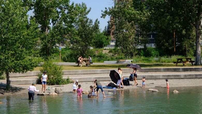 Families splash in the water of a river. 