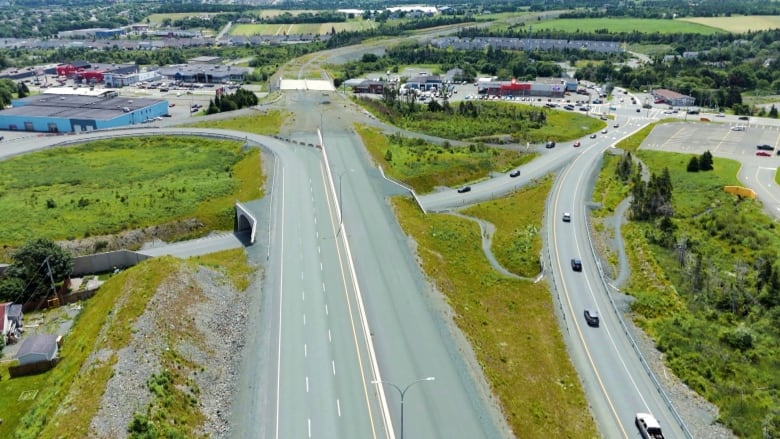 An overhead view of a highway under construction. 