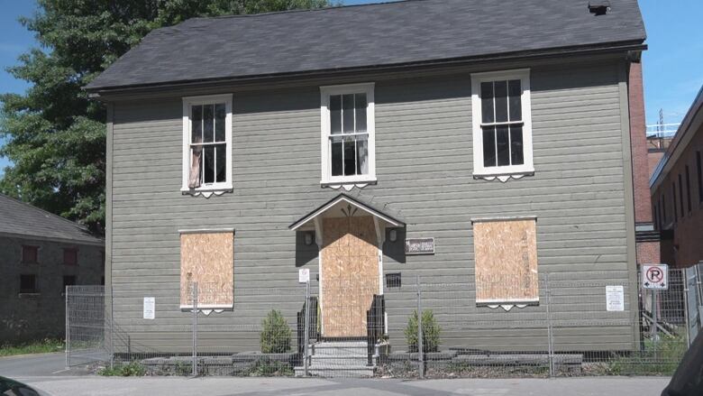 A boarded up building