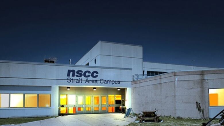 Exterior of a school with signage that reads NSCC Strait Area Campus.