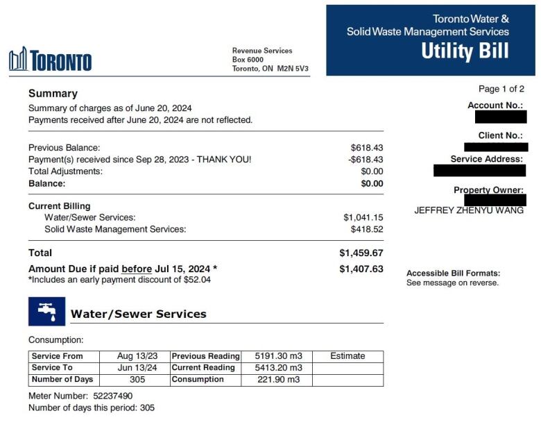 A City of Toronto utility bill is shown for just over $1,400.