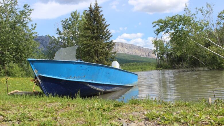 A blue boat in a water next to green grass. Some trees and a mountain range are visible behind it.