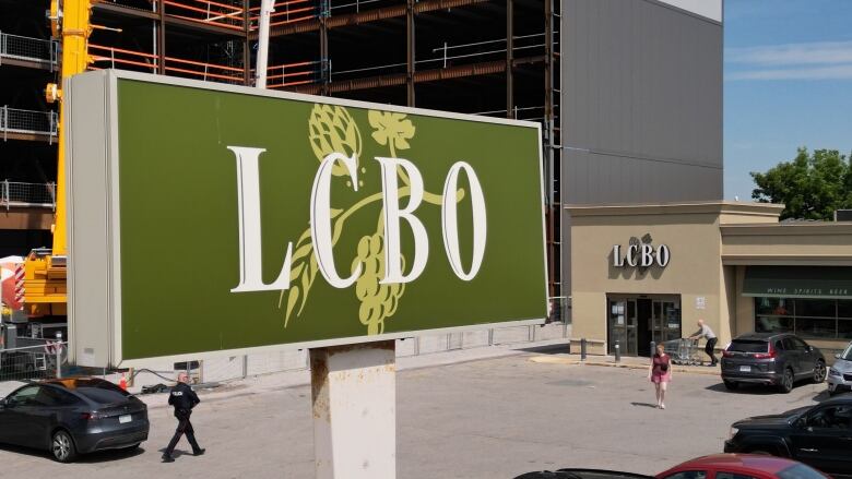 Aerial view of a sign saying 'LCBO,' with a view of a parking lot and an LCBO store.