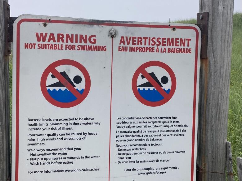 A sign shows that Parlee Beach has a No Swimming advisory on Friday July 12, 2024. 