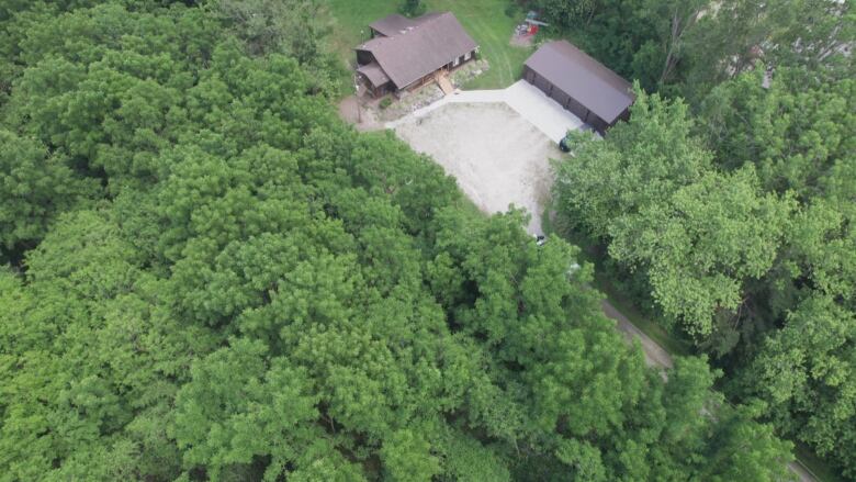 An aerial view of a rural home.