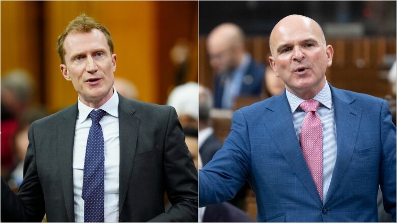 A side-by-side collage of two men in suits speaking in the House of Commons.