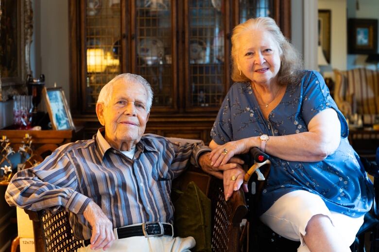 Colin Oates and Suzanne Scott in Oates's apartment at Windermere on the Mount retirement residence in London, Ont. on July 10, 2024.