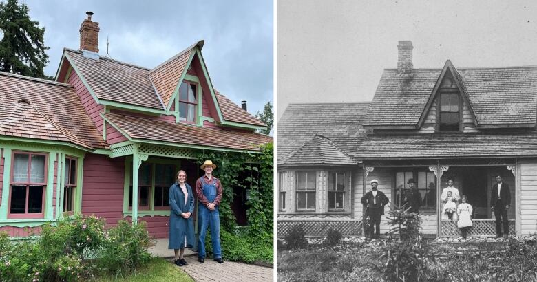 two photos side by side. one is a current, colour photograph, and the other is a black and white historical photograph. both photos feature a house.