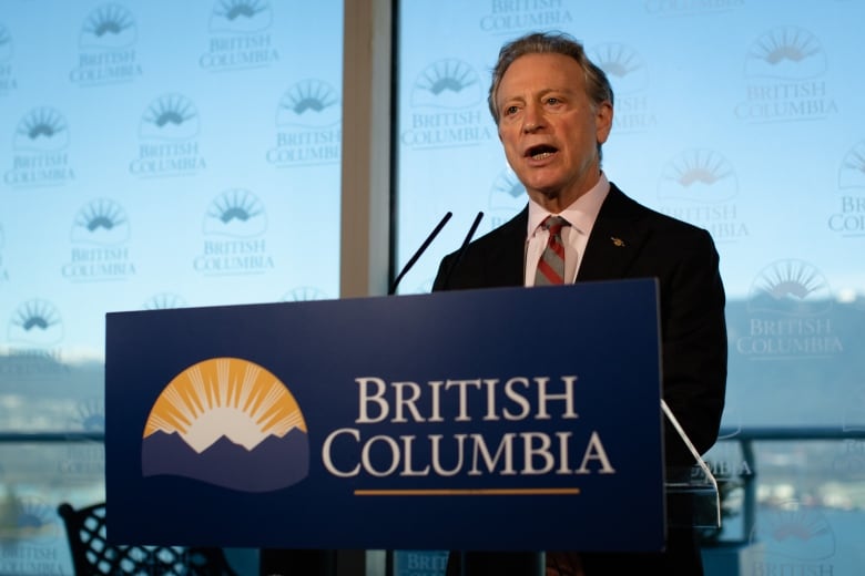 A white man wearing a suit speaks at a podium marked 'British Columbia'.