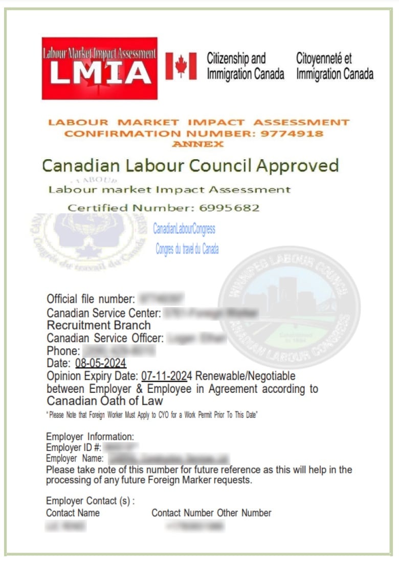 Wisdom Ogbogbaidi from Lagos, Nigeria was given this fake labour market impact assessment (LMIA) after being promised a job in Canada in exchange for processing fees.