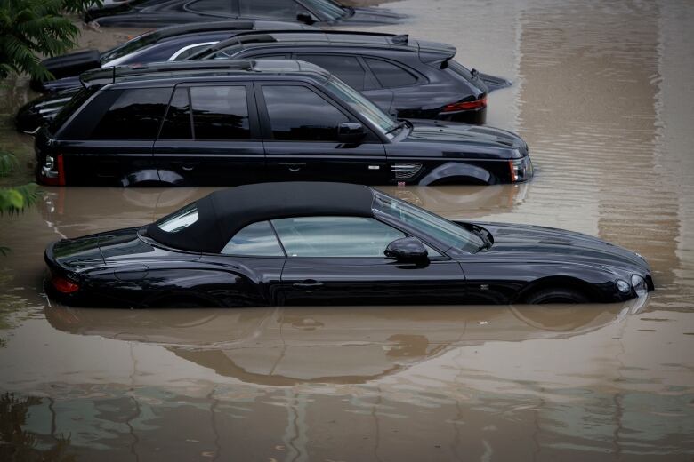 Flooded vehicles stranded in a dealership parking lot are pictured here on July 16, 2024.