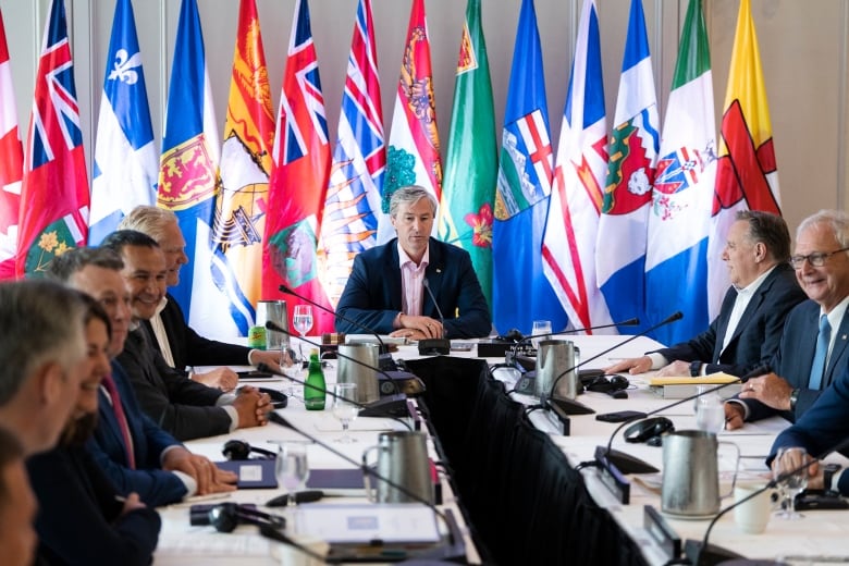 Nova Scotia Premier Tim Houston chairs a meeting with Canada's premiers during the Council of the Federation meetings in Halifax on Tuesday, July 16, 2024.