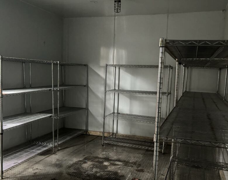 An empty walk in fridge with bare shelves and a damp floor