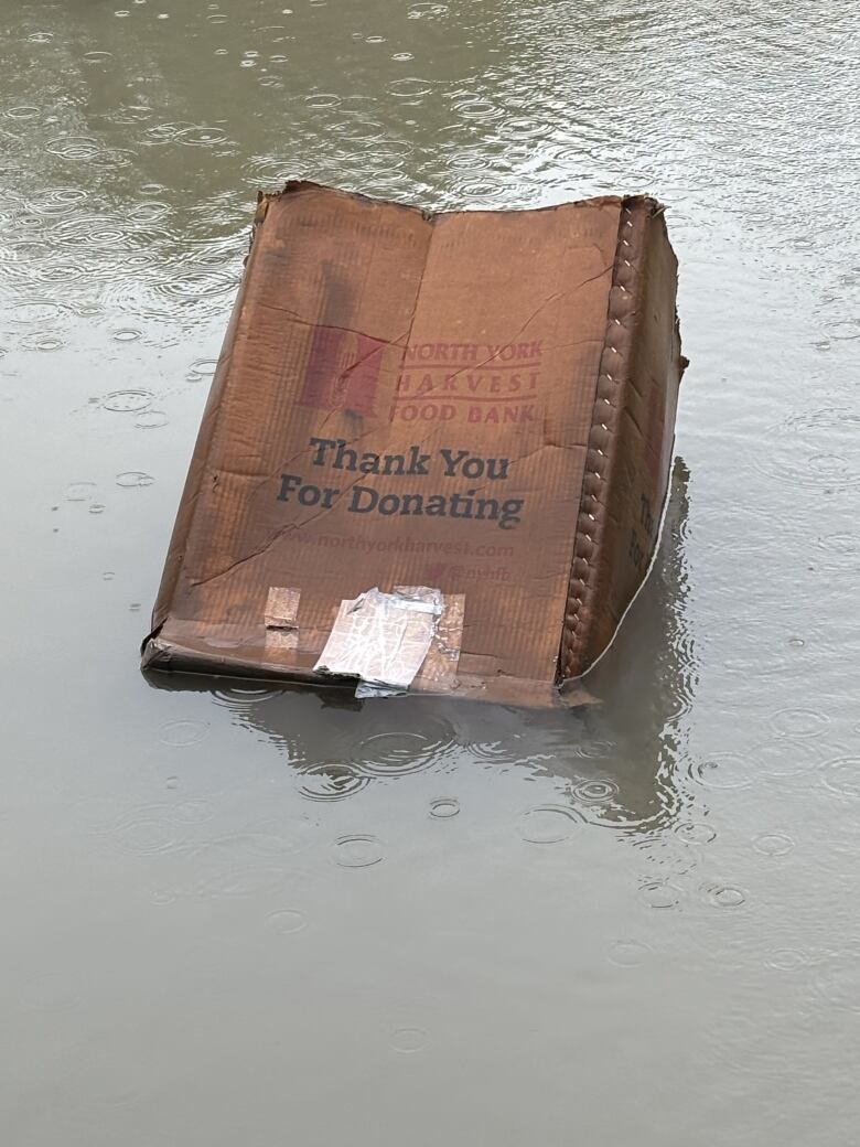 A wet cardboard box, reading North York Harvest Food Bank, Thank You For Donating, floats in a flooded parking lot