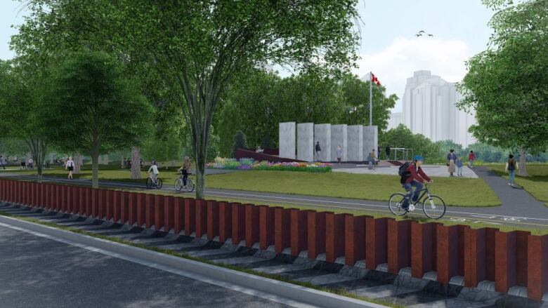 An artist rendering of one section of the Sunnyside flood barrier, where groundbreaking took place Thursday.