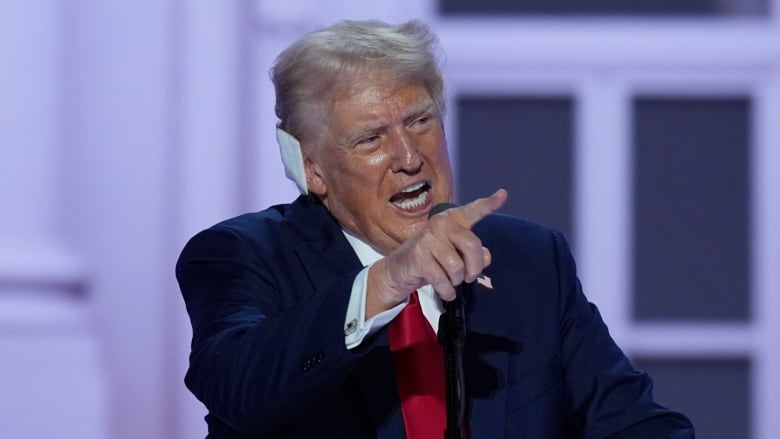 Republican presidential candidate and former U.S. president Donald Trump speaks during the Republican National Convention on Thursday in Milwaukee. 