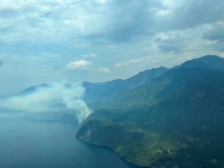 Tufts of smoke arise from a forested area next to a river.