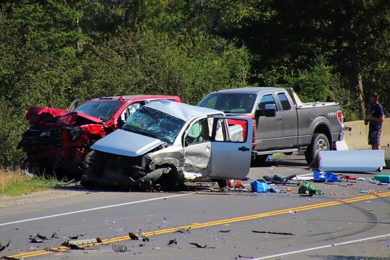 Multiple cars crushed after a collision in a B.C. highway