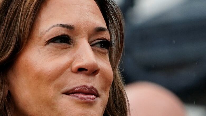 A closeup of Kamala Harris smiling and looking to one side