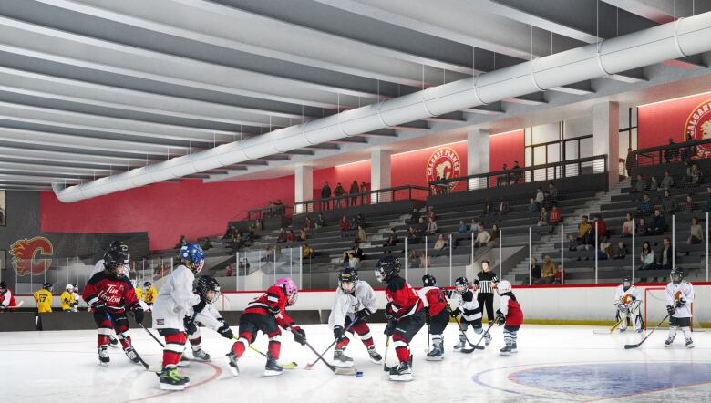 children play hockey in an arena, a drawing