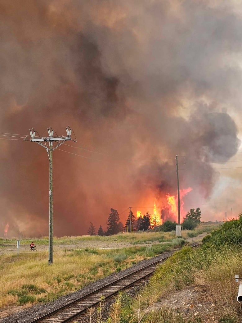 Flames in the distance with train tracks in the foreground.