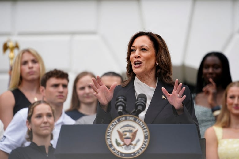 A woman in a grey shirt and black blazer speaks at a podium with the seal of the Vice President of the United States.