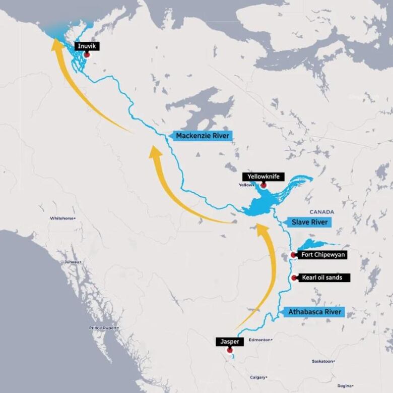 Map with arrows going from Jasper, Alta. up to Inuvik, N.W.T.