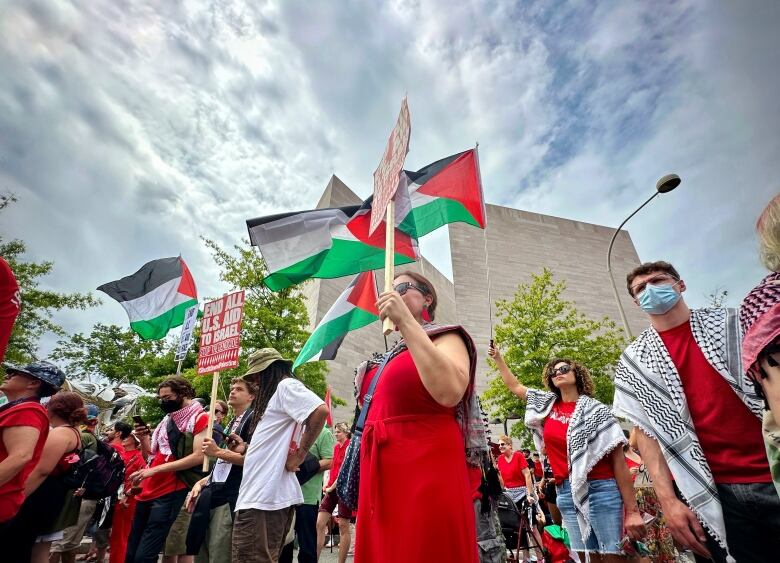 Protestors hold signs and Palestinian flags during a protest.