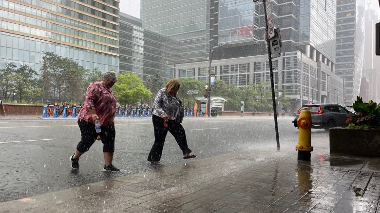 Two people walk in the rain on a city street.