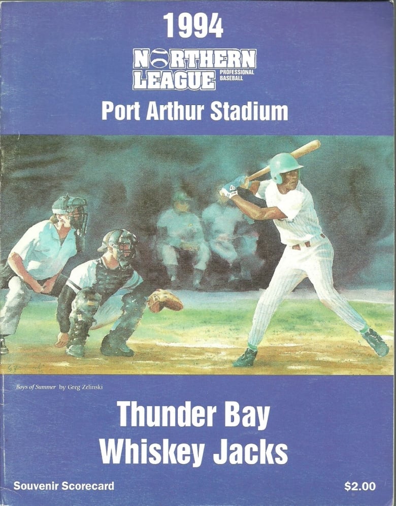 A baseball souvenir scorecard cover, with a painting of a batter, catcher, and umpire at home plate.