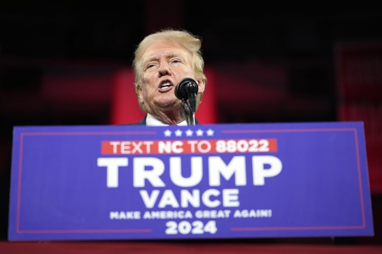 Former U.S. president Donald Trump, the Republican nominee for president in 2024, is seen speaking at a campaign rally in Charlotte, N.C., on Wednesday, July 24, 2024.