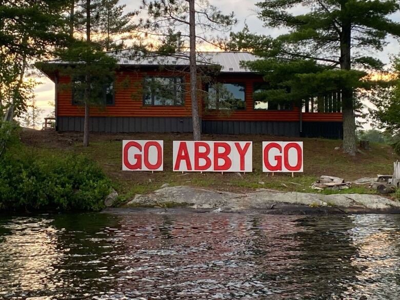 A large sign reading 