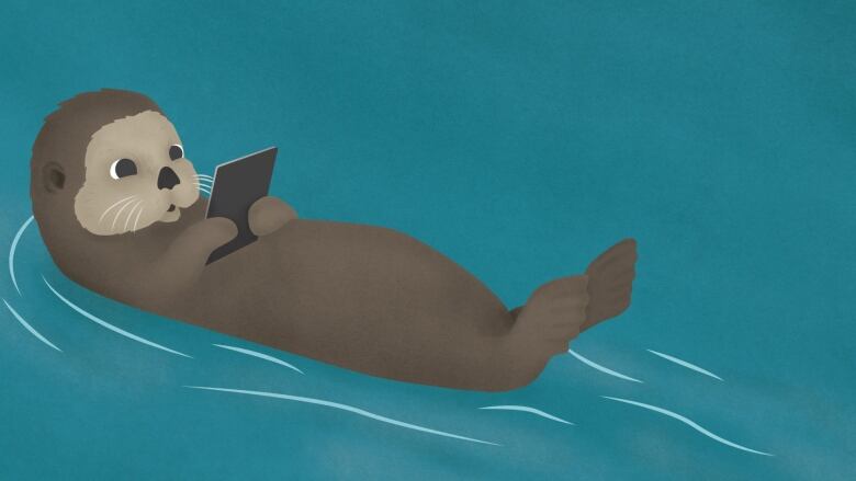 a graphic of an otter in the water reading on a smart phone or tablet