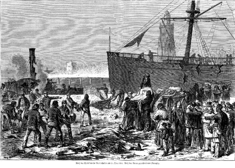 An illustration ahowing carnage after an explosion on a dock with rescuers carrying bodies and body parts away.