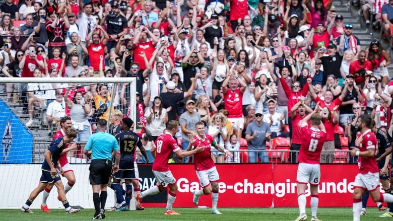 Soccer players celebrating a goal as fans cheer from the stands. 