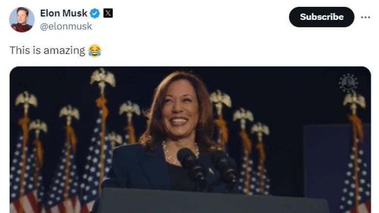 A screengrab of a social media post shows a photo of a smiling woman, standing at a lectern. 