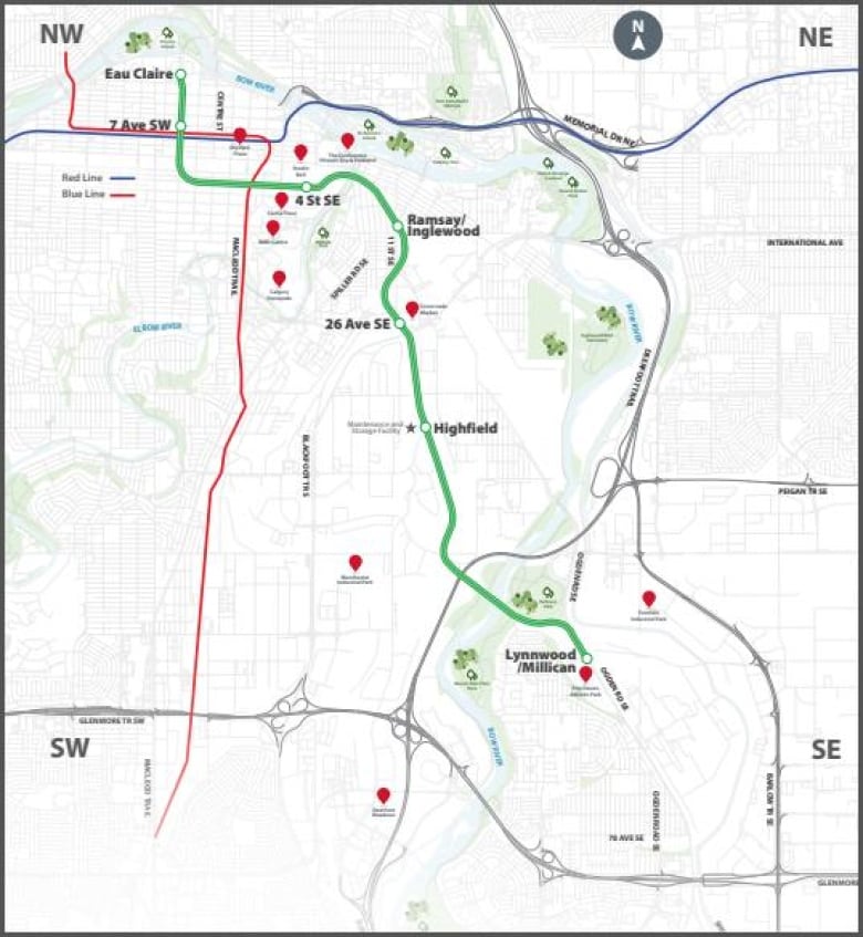 A map showing a green line going through a city. 