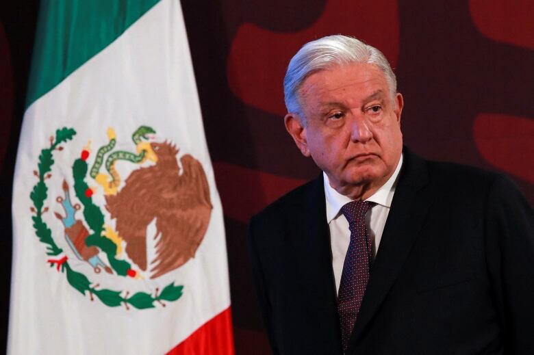 A man in a dark suit stands next to the Mexican flag.