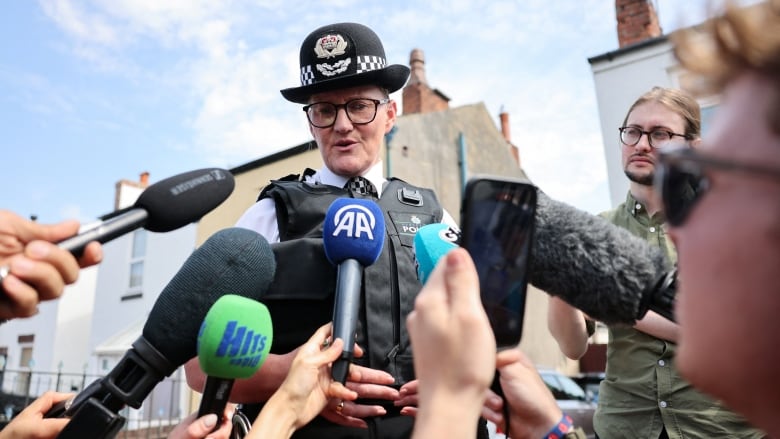 Merseyside police Chief Constable Serena Kennedy speaks to reporters on Wednesday, in the seaside town of Southport.