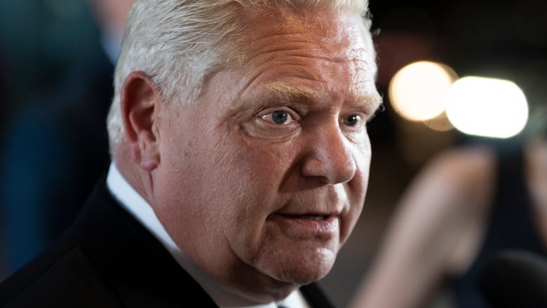 Ontario Premier Doug Ford speaks to reporters at the Council of the Federation meetings in Halifax on July 15, 2024.