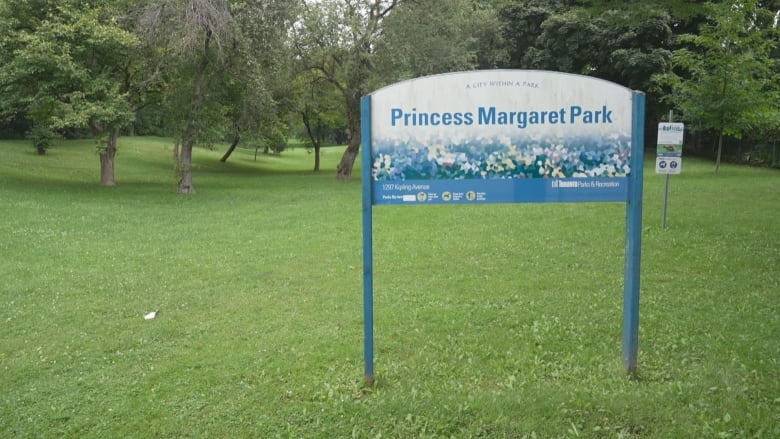 Photograph of a park with a sign reading: Princess Margaret Park. 