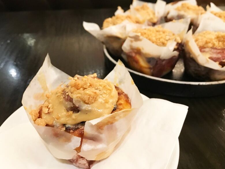 Blueberry cinnamon rolls with miso cream cheese icing.