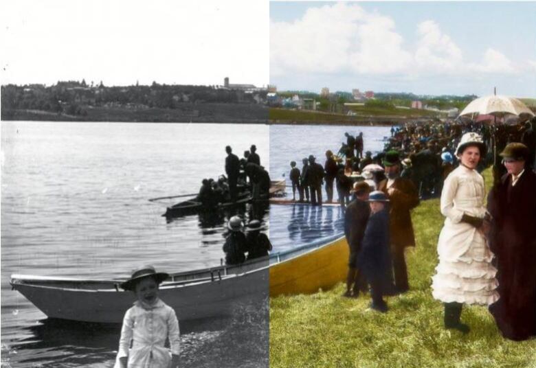 Royal St. Johns Regatta, Quidi Vidi Lake,1890. Half black and white, half in colour. Source: Geography Department, Memorial University of Newfoundland. Restored and colourized by Gerard Nash.